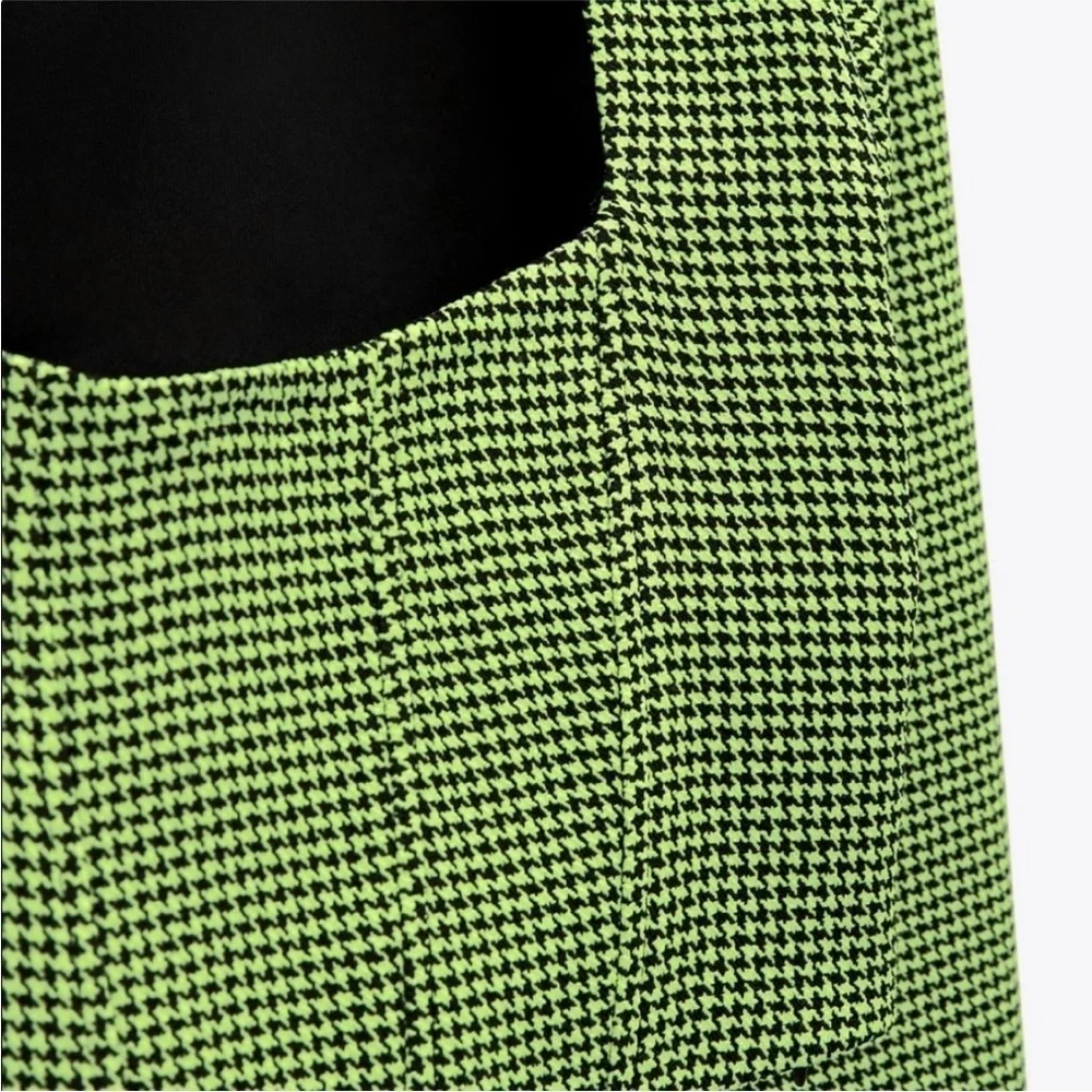 Zara Houndstooth Corset Cropped Top Bloggers Favorite Neon Green Black Small